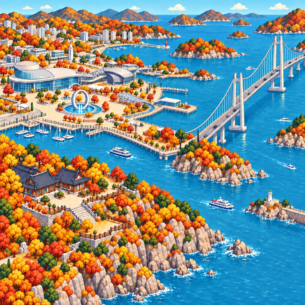 Yeosu-si, Yeosu World Expo Site and Yi Sun-sin Bridge.