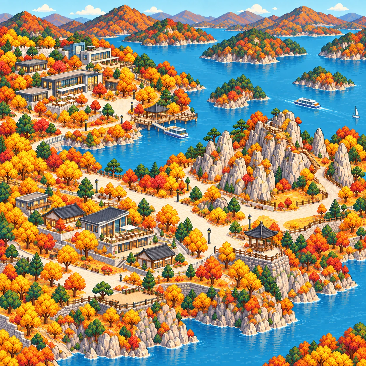 Jecheon-si, Rocky scenery and rest stops by Cheongpung Lake.